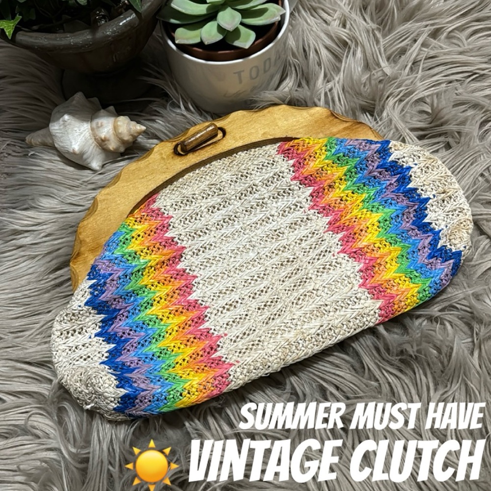 Vintage Woven Clutch-Made in Hong Kong-Wooden Top Closure-Rainbow Exterior - Picture 1 of 17